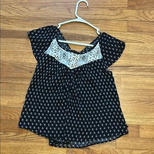 Millibon Black and White Blouse with Lace Detail and open slit back with tie